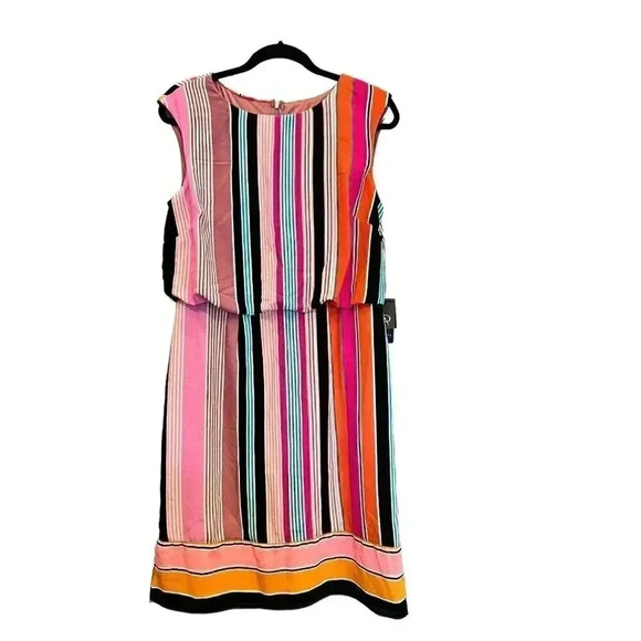 Adrianna Papell Sz 10 Fiesta Striped Blouson Dress Office Party Wedding Wear - Picture 1 of 15